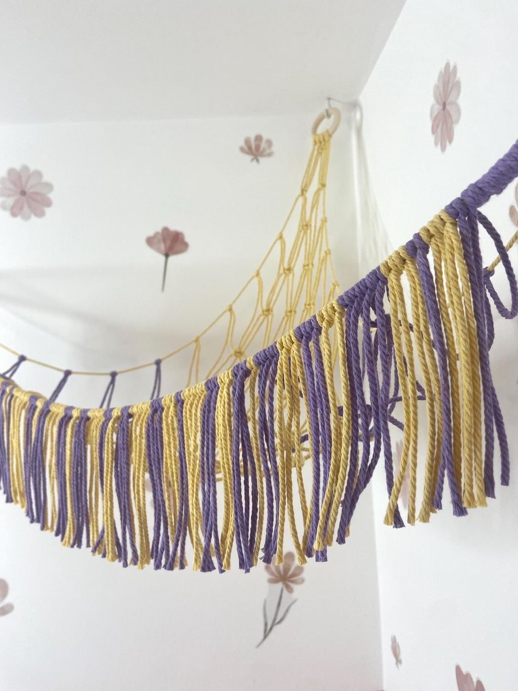 Macrame Toy Hammock, Stuffed Animal Storage, Boho Nursery Decor, Recycled Cotton (Lavender & Lemon)