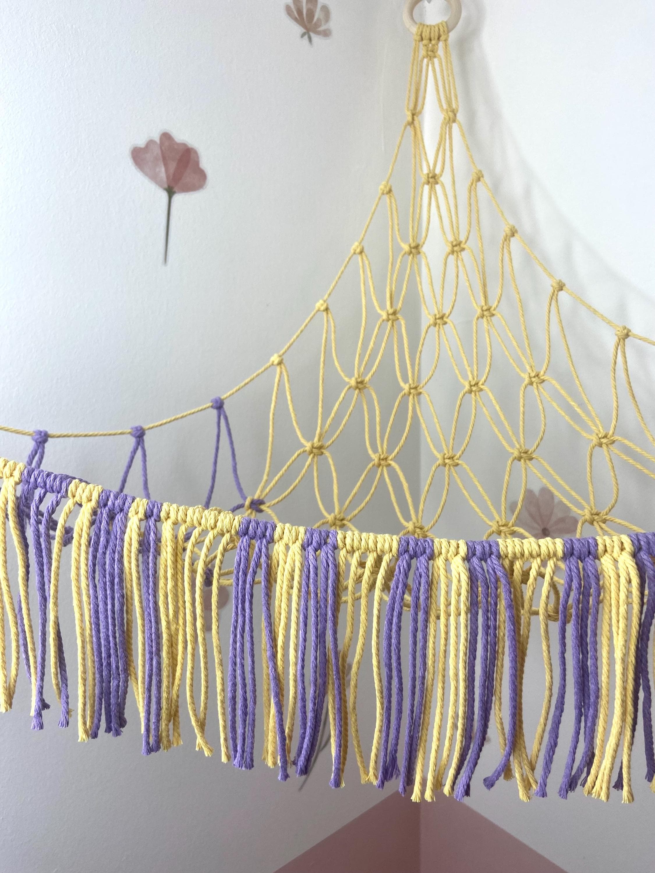 Macrame Toy Hammock, Stuffed Animal Storage, Boho Nursery Decor, Recycled Cotton (Lavender & Lemon)