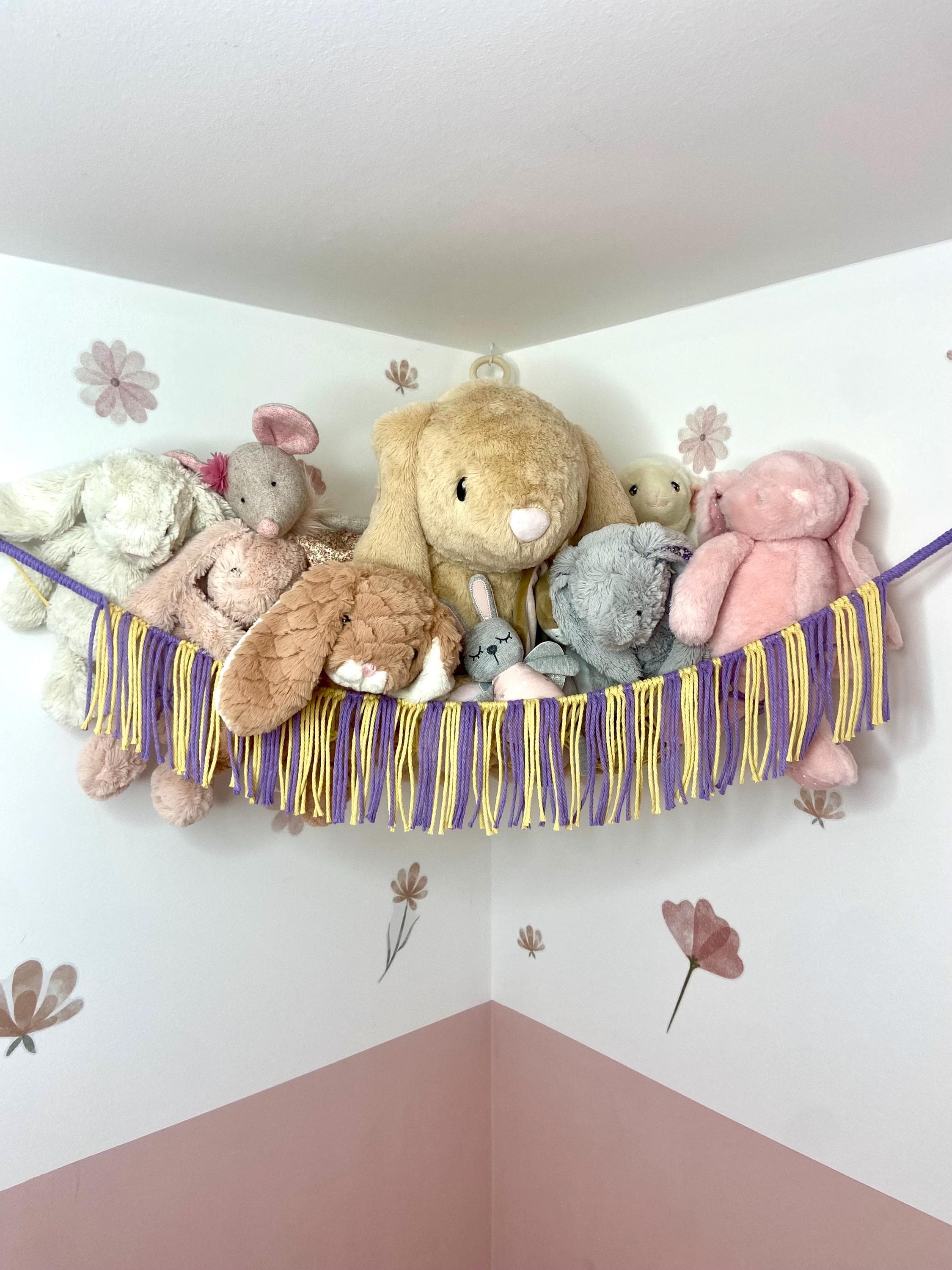 Macrame Toy Hammock, Stuffed Animal Storage, Boho Nursery Decor, Recycled Cotton (Lavender & Lemon)