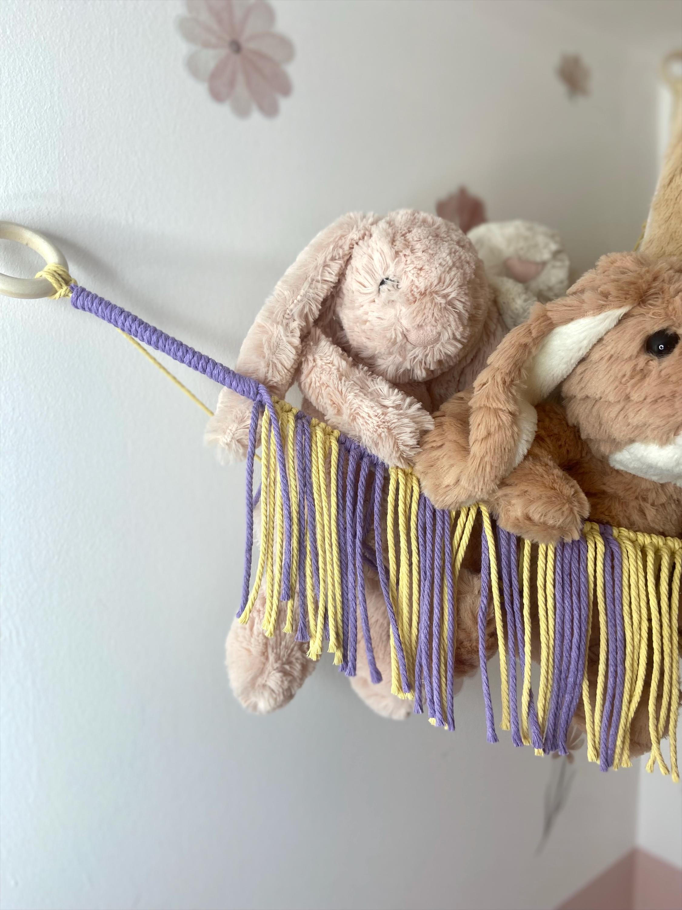 Macrame Toy Hammock, Stuffed Animal Storage, Boho Nursery Decor, Recycled Cotton (Lavender & Lemon)