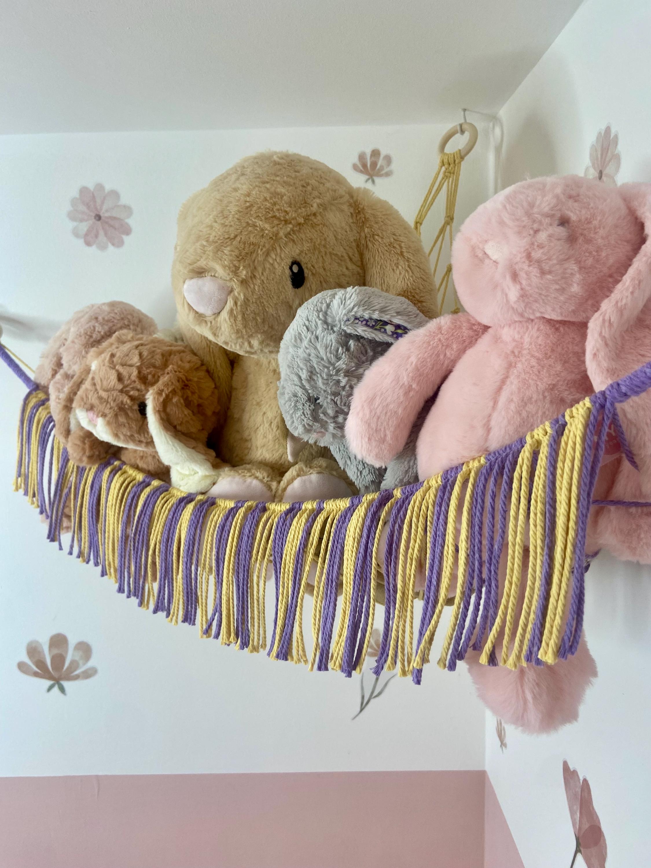 Macrame Toy Hammock, Stuffed Animal Storage, Boho Nursery Decor, Recycled Cotton (Lavender & Lemon)